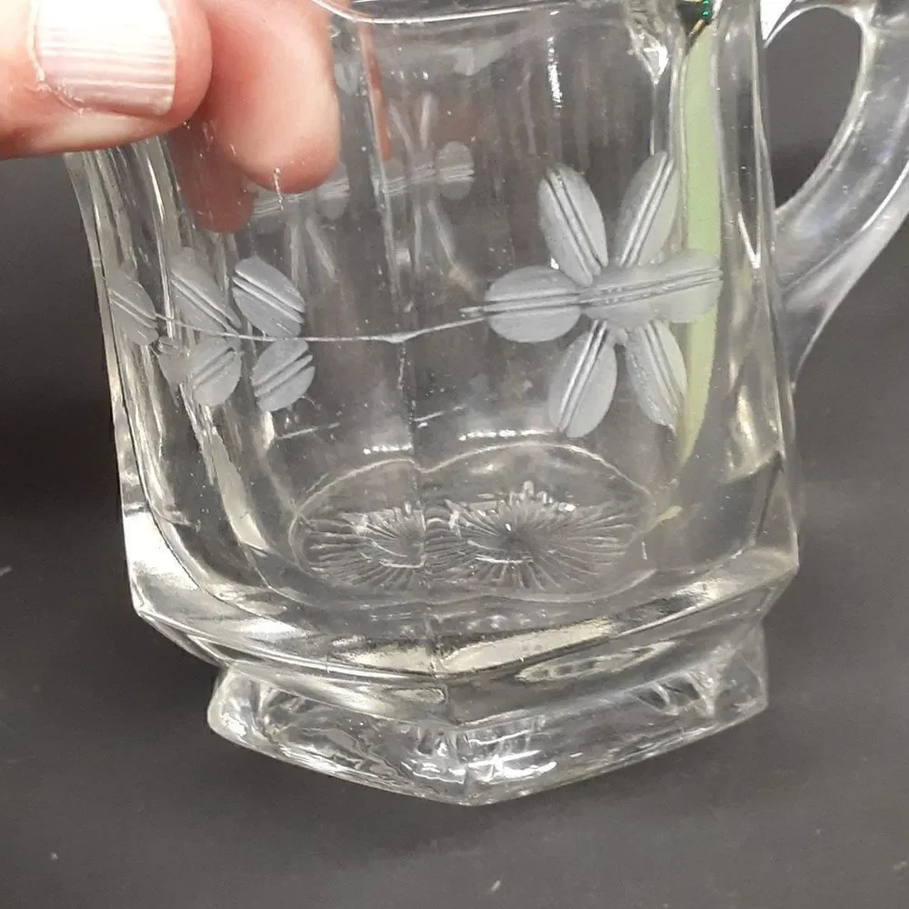 3 pc etched‎ floral crystal sugar/creamer, & sm. dish with bottom star design